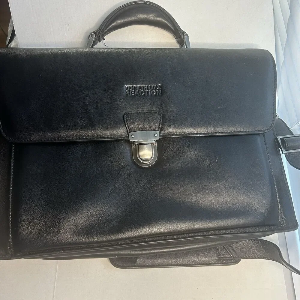 Kenneth Cole Reaction Laptop Briefcase Black Leather Mens Bag